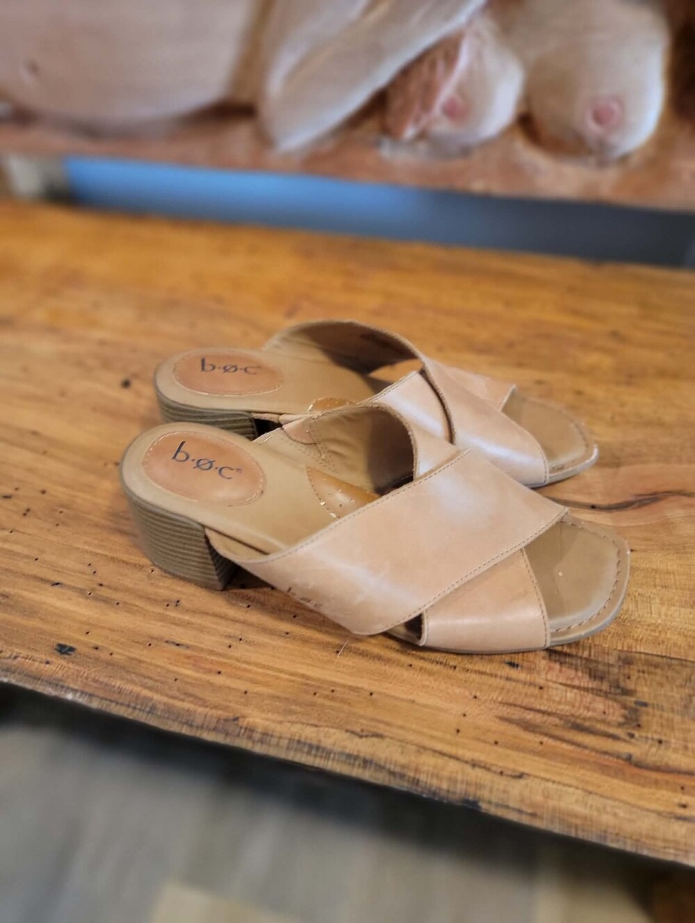 B.O.C. Size 8 Beige Criss-Cross Slip-on Sandals Sturdy 2" Block Heel